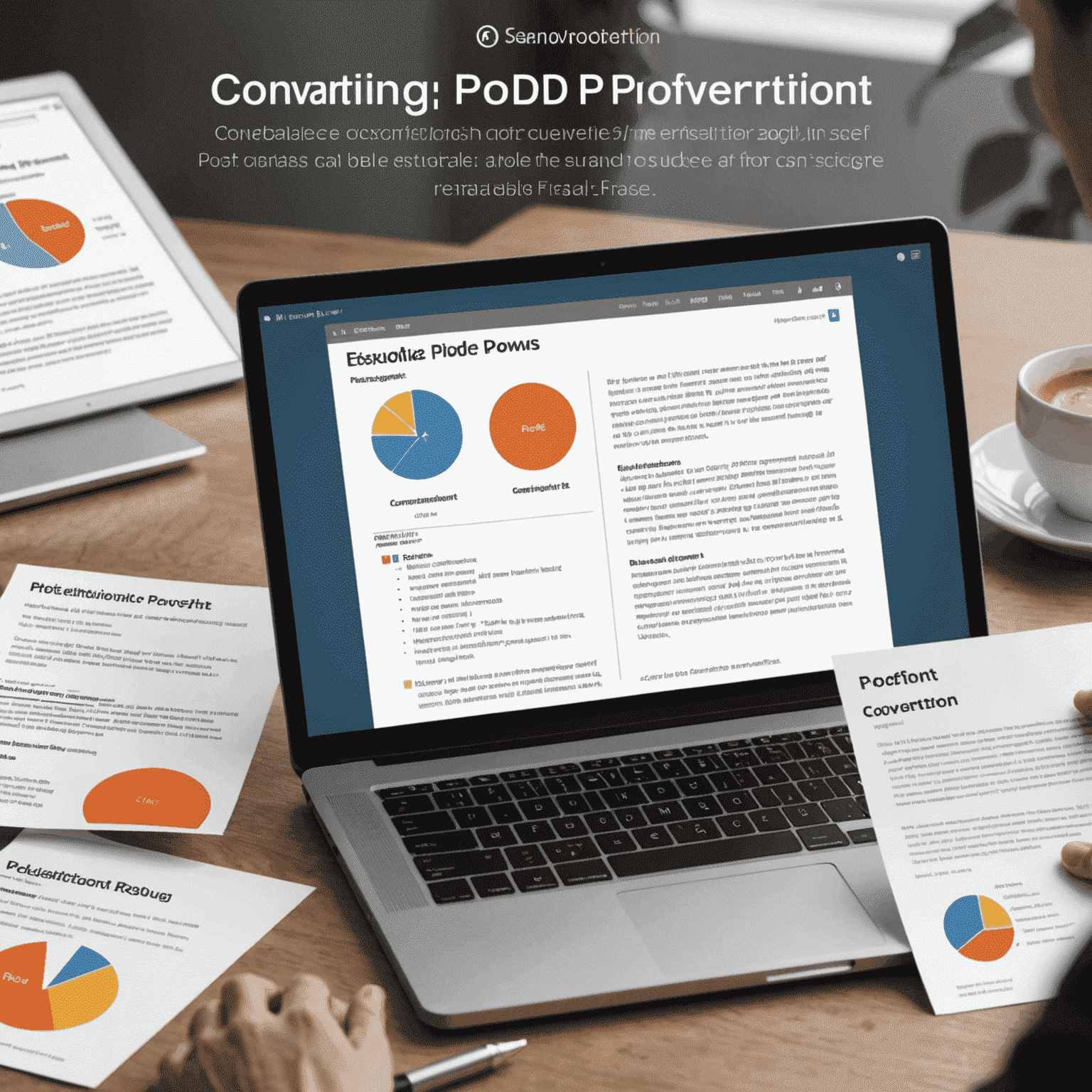 An image illustrating the process of converting a PDF document into an editable PowerPoint presentation, with the PDF file on the left and the resulting PowerPoint slides on the right