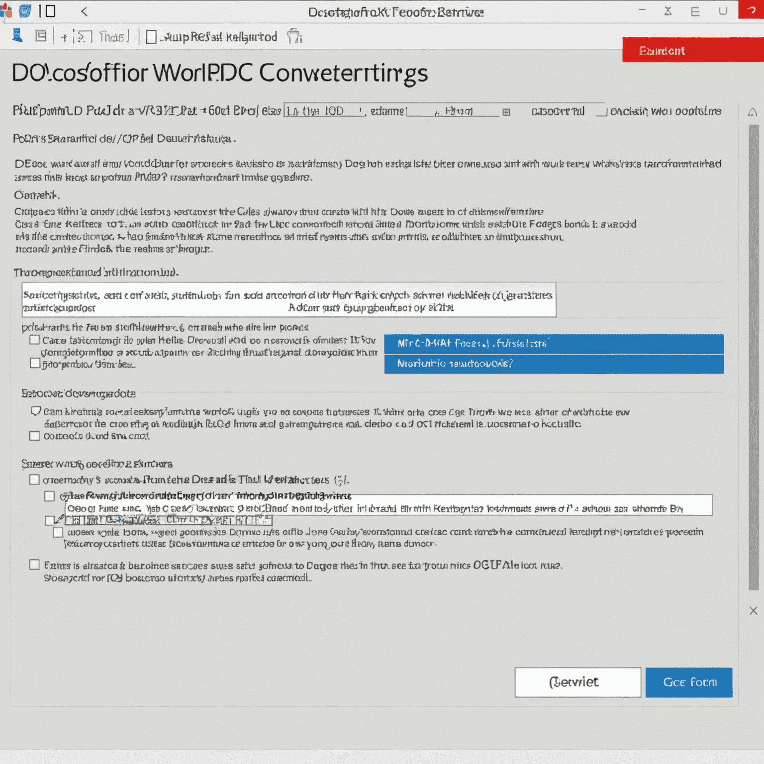 Screenshot of the PDF File Converter settings page, with the 'Microsoft Word (.docx)' option selected from a dropdown menu